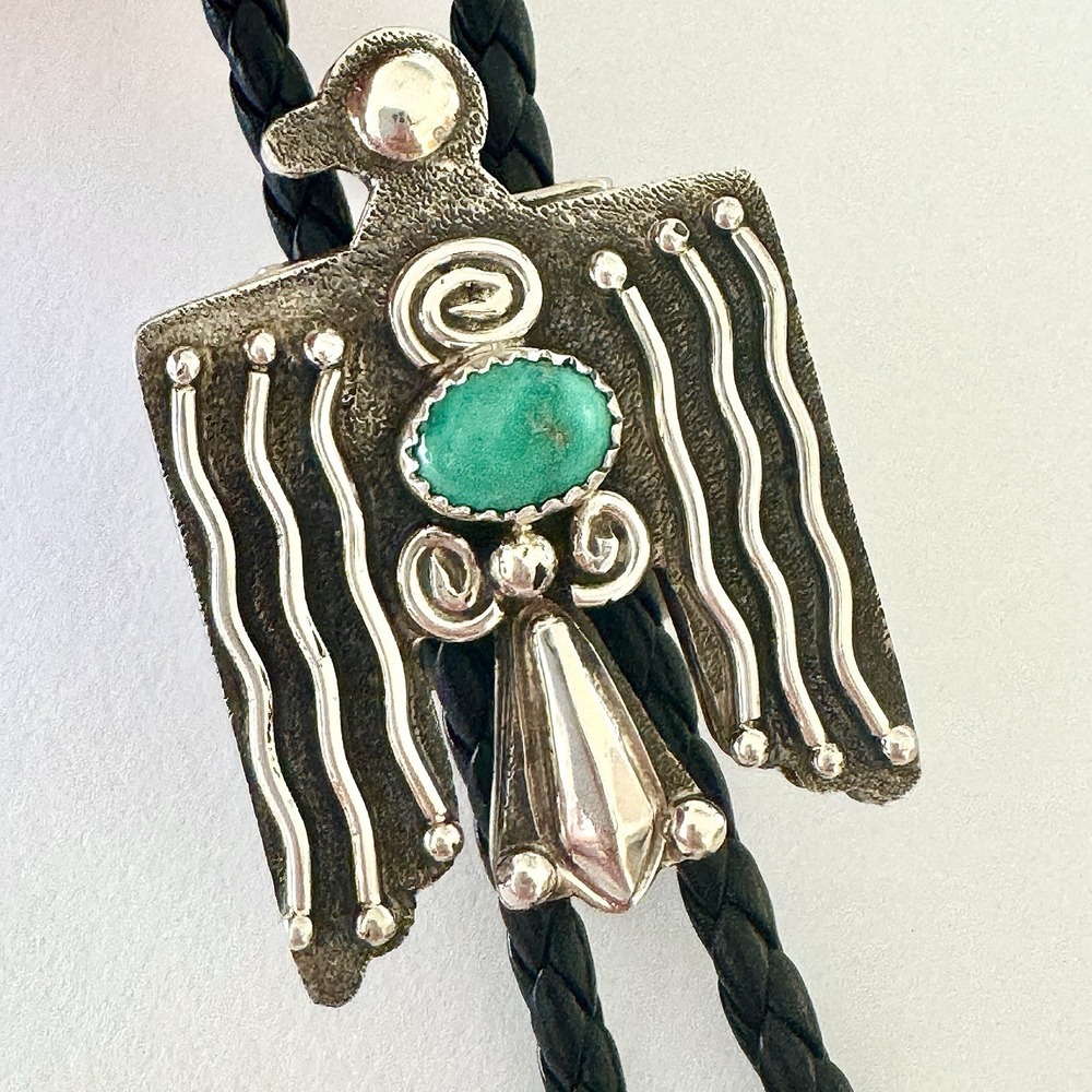 Navajo Thunderbird Bolo Tie Turquoise Sterling Signed Mariano Native American
